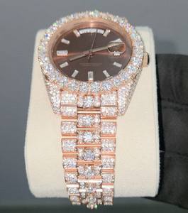 Reloj de Lujo con Esfera Marrón de Dos Tonos, Completamente Adornado con Moissanita, Acero Inoxidable, Estilo Vintage, Hip Hop Clásico, Movimiento Miyota, Pantalla Analógica - Product Image 4