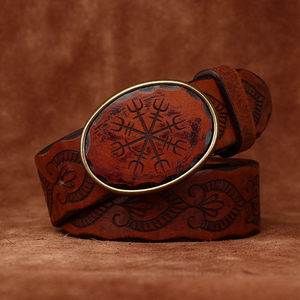 Cinturón de Cuero con Hebilla Lisa y Patrón Tallado de Estilo Vintage Original para Hombre, Cinturón de Cuero Vacuno Genuino - Product Image 4