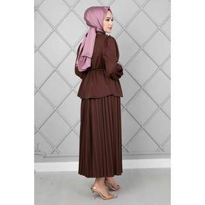 Hombros Botón Detalle Hijab 2 Piezas Traje Marrón - Product Image 4