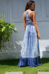 OEM vente en gros décontracté cravate teinture longue robe maxi col en V bretelles spaghetti tissu rayonne avec tous les volants robe maxi - Product Image 2