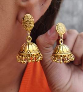 German <b>Silver</b> Gold Tone Jhumki Earring With Detachable Earchain Affordable <b>Jhumkas</b> Unique Design Ideal For Weddings, Festivals - Product Image 2