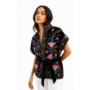 Chaqueta Reversible de Terciopelo Negro con Bordado, Talla Grande, Estilo Boho, de Satén, Lino, Cuero Suave, con Encaje, para Primavera y Otoño, de Poliéster y Algodón - Product Image 1
