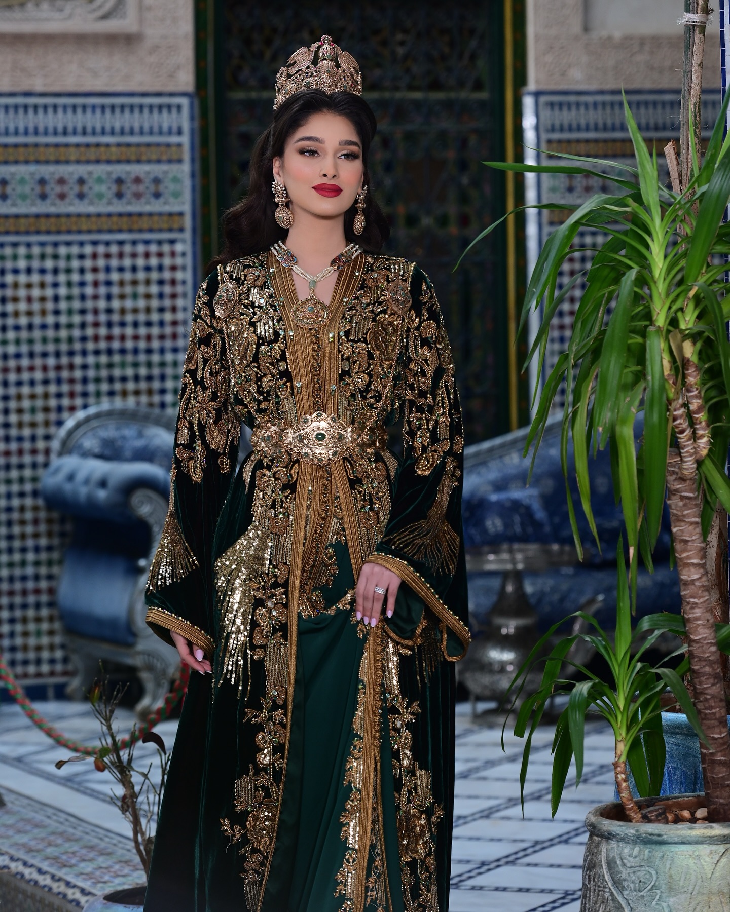 green emerald velvet dress Luxury Moroccan Wedding Caftan Dress with Gold