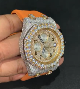 Montre à trois chronographes et bracelet en caoutchouc orange avec bracelet en silicone, cadran rond en acier inoxydable, diamant moissanite blanc - Product Image 5