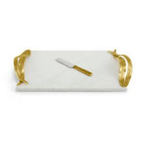 Plateau de service en marbre blanc design antique avec couteau en métal feuille design poignée nickelée vente en gros nouveau design plateau fait main - Product Image 3