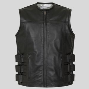 Gilet de motard réversible en cuir et toile pour homme, fermeture éclair, respirant, anti-UV, style urbain, personnalisable OEM, poches, automne - Product Image 3