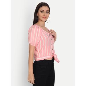 Top de media manga de rayón rosa claro para mujer con estampado de rayas verticales - Product Image 4