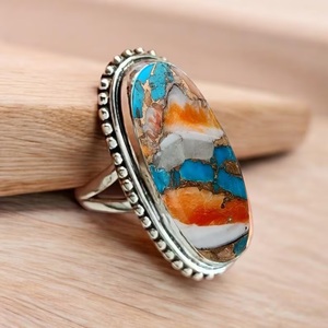 Oval Spiny Oyster Copper <b>Turquoise</b> <b>Ring</b> 925 Sterling Silver Handmade Boho Gift Jewelry for Women - Product Image 1