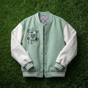 Chaqueta de Hombre Verde Menta con Mangas de Cuero, Mezcla de Lana, Botones a Presión, Cuello Acanalado, Bordada, Casual, Personalizada - Product Image 6