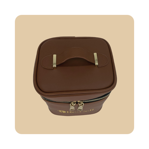 Bolsa de cosméticos de maquillaje personalizada con logotipo personalizado, bolsas de cosméticos de maquillaje de material PU marrón claro con cremallera - Product Image 3