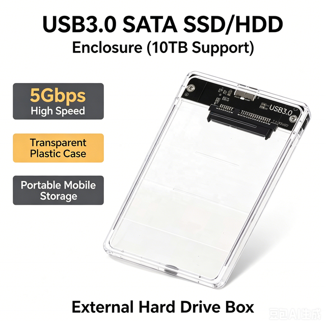 FYX 10TB External SATA SSD HDD Enclosure USB 3.0 5Gbps Transparent Plastic Portable Mobile Storage Box External Hard