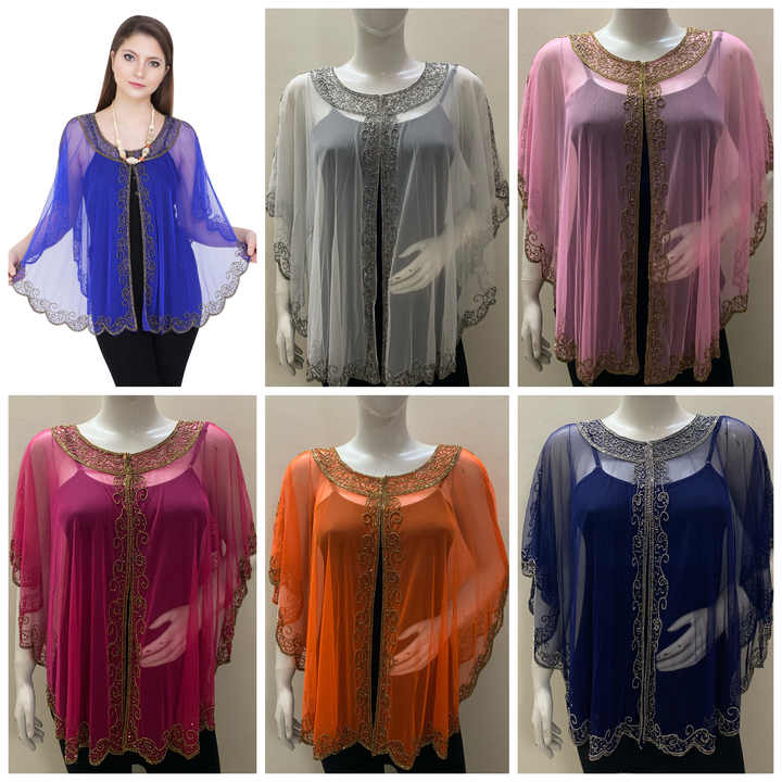Hip Hop Swim Beach Party Evening Wear Women Clothing T Shirt Blouse Poncho Shrug Soft Net Fabric Free Size Hand Embroidery Work