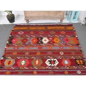 4.7x10.7 ft Rug, Vintage Turkish Large Rug, <b>Red</b> Kilim <b>Wool</b> Rug - Product Image 3