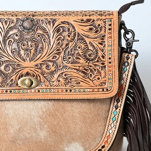 Bolso Bandolera de Cuero Genuino con Flecos, Bolso de Hombro Estilo Western con Diseño Floral Vintage Hecho a Mano para Mujer, Verano, OEM - Product Image 4