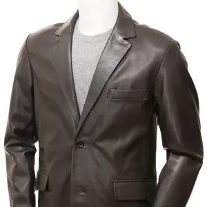 别致修身深棕色皮革运动夹克男士时尚正式工作夹克，带缺口翻领和口袋透气皮夹克