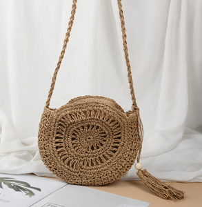 Bolso Redondo de Mimbre para Mujer, Bolso Hecho a Mano con Correas de Cuero, Natural y Elegante - Product Image 3