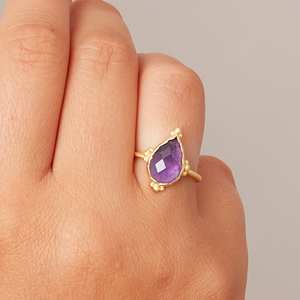 Bague de fiançailles pour femme en argent 925 avec améthyste dorée vintage en forme de goutte d'eau sertie clos, style Art Palace, tendance pour le quotidien - Product Image 4