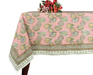 ผ้าปูโต๊ะผ้าฝ้ายพิมพ์ลายใบไม้สีชมพูแซลมอนอินเดียผ้าปูโต๊ะพิมพ์ลายไวนิล