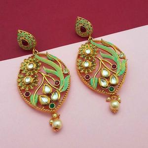 Nikita Arts Gold Plated Copper Matte Dangle Earrings <b>Green</b> Meenakari Stone-1313123C - Product Image 1