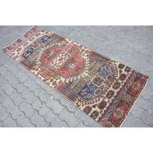 Turkish Vintage <b>Runner</b> Rug 2.3x6.5 ft, <b>Red</b> Blue Polka dot Wool Rug - Product Image 2