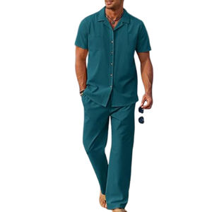 Wholesale Blue <b>Green</b> <b>Men's</b> Formal 2-Piece Fleece Breathable Summer Outfit Button Down Shirt Loose Pant Set Button Closure - Product Image 3