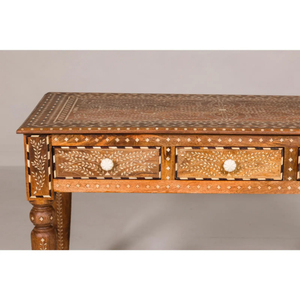 Console d'entrée faite à la main avec 3 tiroirs, design classique, incrustation d'os, bois de teck recyclé, finition naturelle pour la chambre à coucher, décorative - Product Image 5