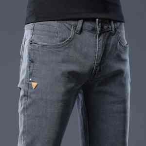 2025 nouveaux hommes Slim Fit rétro Denim jean respirant Stretch pantalon en gris bleu fermeture éclair décoration plaine teint pour la saison d'automne - Product Image 2