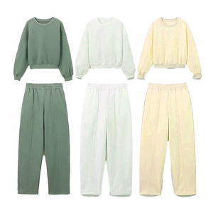 Survêtement pour femme en coton 100% surdimensionné, sweat-shirt à col rond, pantalon, col à capuche, motif uni, polaire épais 350 g/m² pour l'hiver - Product Image 5