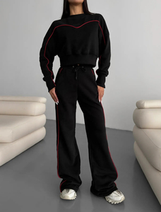 Femmes décontracté solide rayé sweat deux pièces ensemble en gros à manches longues col rond hiver vers le bas épaule survêtement - Product Image 6