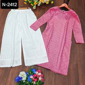 Diseñador pesado indio Lakhanavi Chikenkari Work Kurtis con conjunto Palazzo para ropa de festival indio Ropa étnica Traje Salwar Kameez - Product Image 6