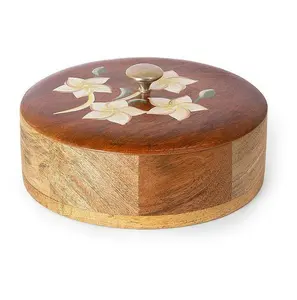 Caja Chapati de madera hecha a mano y hecha a mano con tapa de estampado floral Juegos de regalo Caja Chapati de madera de forma redonda a bajo precio