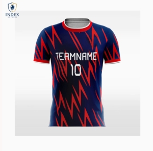 Camiseta de Fútbol Sublimada para Hombre Index Apparel, Cuello Redondo, Manga Corta, Azul y Rojo, Estampado Geométrico, Absorbe la Humedad, Ajuste Atlético - Product Image 1
