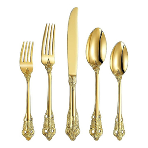 Elegance Couverts Royal Vintage haut de gamme écologiques Ensemble de couverts de luxe gaufré en acier inoxydable plaqué or pour restaurants - Product Image 1