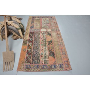 Alfombra de área grande clásica turca Vintage 3,4x7,3 pies Beige diseño de retazos ecléctico Material de lana respaldo de látex alfombra de habitación modelo - Product Image 1