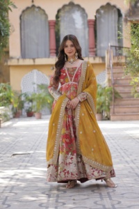 Imprimé de créateur exclusif en pur coton avec Kurti manuel et Salwar en pur coton avec imprimé en mousseline de soie Dupatta Nazneen - Product Image 5