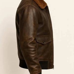 Premium Quality Men's Distressed Brown <b>Sheepskin</b> Leather Bomber Aviator Flight <b>Jacket</b> with Fur Collar And Ribbed Cuffs and Hem - Product Image 3
