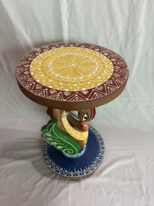 Handcrafted Rajasthani Hand-Painted Wooden Round Stool Decorative Side Table Peacock Face Natual Finish Color Full Nighstand - Product Image 4