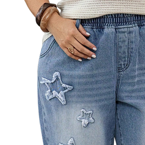Jean en denim taille mi-haute pour femme, délavage clair, élastique, avec patch étoile, coupe fuselée, respirant, séchage rapide, longueur cheville, patchwork, style streetwear - Product Image 3