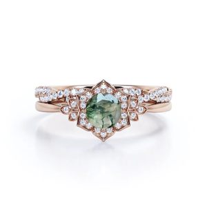Anillo de bodas de plata de ley 925 para mujer, ágata de musgo redonda y Zirconia cúbica, joyería de plata de compromiso, anillos de moissanita - Product Image 3