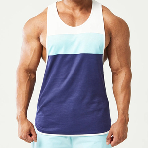 Camiseta sin mangas deportiva de punto con bloques de color para hombre, cuello redondo, de secado rápido, patrón sólido azul, blanco y azul claro, al por mayor - Product Image 1
