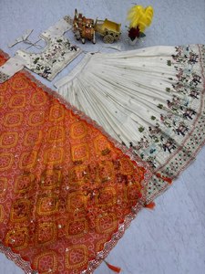 LAHENGA CHOLI DUPATTA VINTAGE <b>FLOOR</b>-LENGTH LOOSE AUTUMN NATURAL PURE TISSUE SILK SEQUENCE THREAD EMBROIDERY WORK - Product Image 6