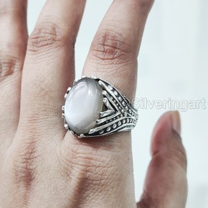 Nouvelle Arrivée Bague pour Homme en Argent Sterling 925 avec Pierre de Lune Grise Naturelle, Pierre de Naissance de Juin, Bijou Cadeau d'Anniversaire Arabe - Product Image 1