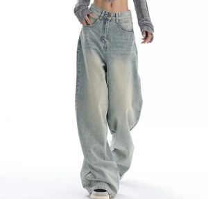 Wholesale Hot Sale Vintage Pocket Low Waist <b>Baggy</b> <b>Jeans</b> pants <b>for</b> <b>women</b> Acid Wash 100% cotton <b>women's</b> pants <b>Baggy</b> Denim <b>Jeans</b> - Product Image 2