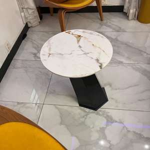 Round <b>Marble</b> <b>Side</b> <b>Table</b> With Geometric Base - Elegant Accent <b>Table</b> with Metal Base And <b>Marble</b> Stone <b>Top</b> - Product Image 2