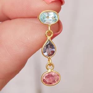 Antique 925 Sterling <b>Silver</b> Handmade Gold Plated Cute Wedding Earrings Bezel Setting Natural Multi-Colored Tourmaline Gift - Product Image 1