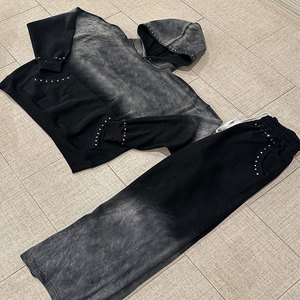 Streetwear personnalisé Boxy Fit Distressed Embroidery Sun Faded Acid Wash Zip up Rhinestone Men Hoodie Ensemble 2 pièces - Product Image 2