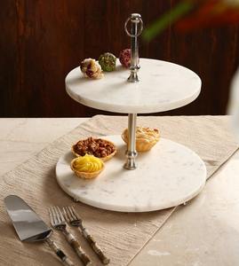 Support à gâteau à 2 étages en marbre blanc de luxe avec poignée argentée, support à dessert rond moderne, tour à cupcakes pour fête, hôtel, buffet, décoration - Product Image 2