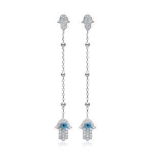 Hamsa Design CZ Blue Eye Bead Long <b>Earrings</b> Wholesale Turkish Handcrafted 925 <b>Silver</b> Sterling Fine Jewelry - Product Image 5