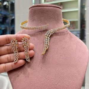 Designer High Quality <b>Gold</b> Finish Zircon Stones Look Necklace <b>Set</b> With <b>Earrings</b> Wedding Party Wear Collection For Women - Product Image 1