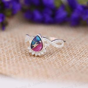 แหวนเงินแท้ 925 งานแฮนด์เมด ขายดี ประดับด้วยมุก 6x8 มม. ผสมทองแดงและเทอร์ควอยซ์ทรงคาโบชองเรียบ ดีไซน์โบฮีเมียน เหมาะสำหรับงานแต่งงาน - Product Image 6